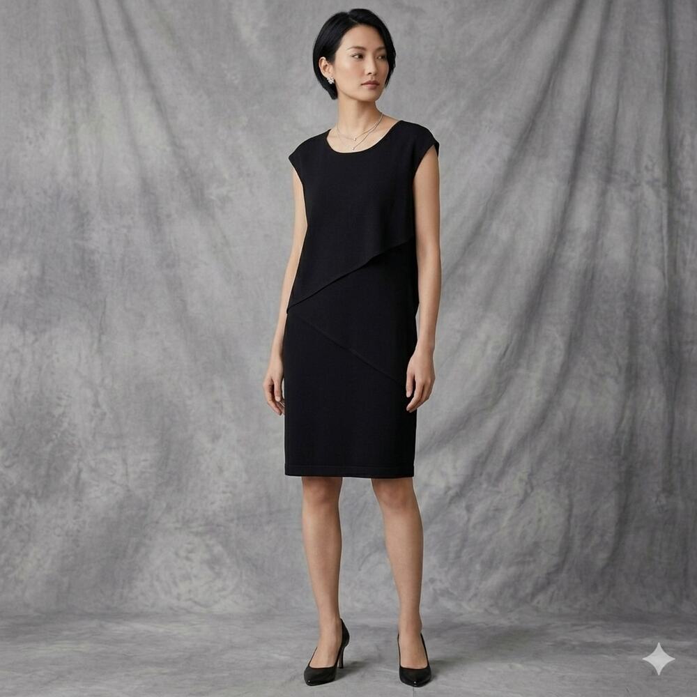 Lafayette 148 Asymmetrical Tiered Dress M Black Ponte Luxe Knit Minimal Upscale
